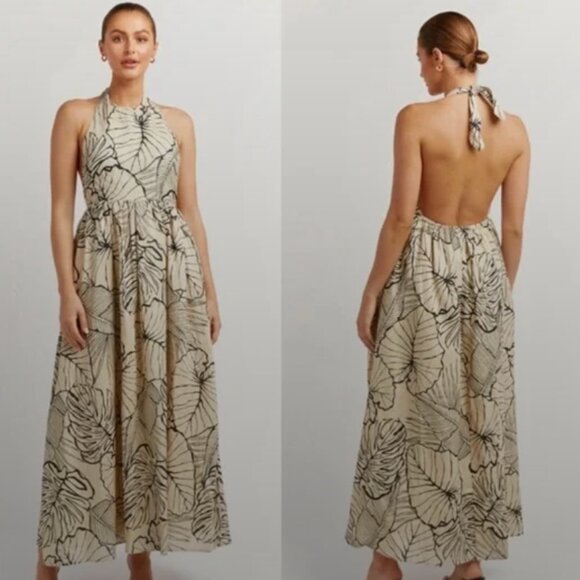 Dissh Malta Black Palm Linen Halter Maxi Dress Size AU 8 US 4 black & off white - Picture 3 of 16